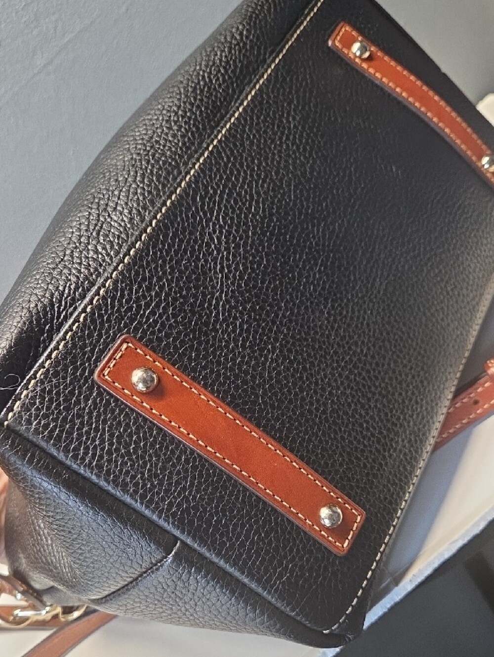Dooney & Bourke Black Pebble Leather Satchel with Brown Trim - Picture 3 of 10